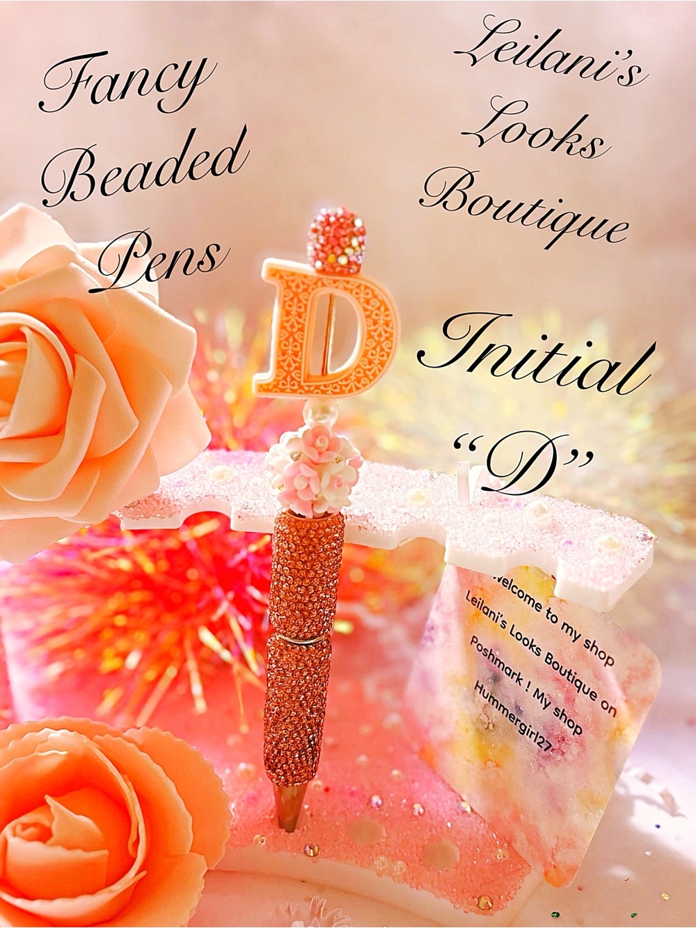 Fancy Beaded Pens/Initial "D"/Fancy beaded pen/gifts/pink flowers/pearls/girly